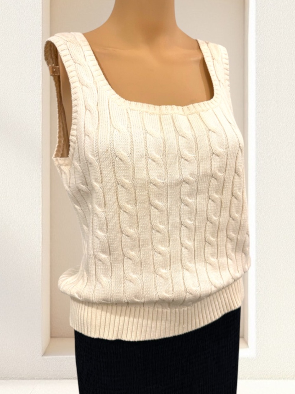Lauren Ralph Lauren Cream Cable-Knit Square Neck Tank